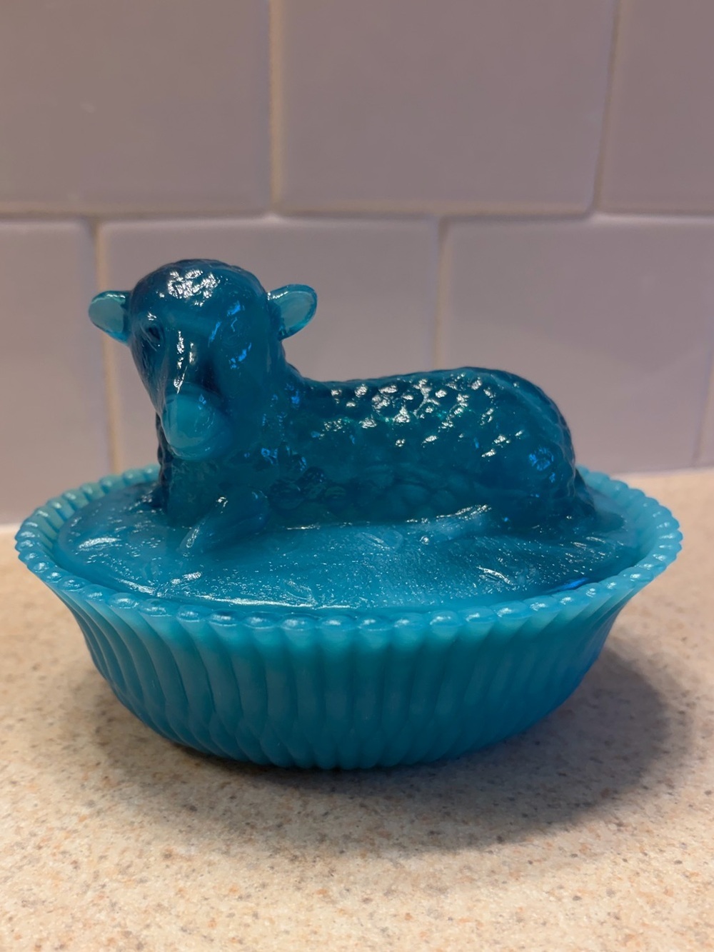 Boyd Blue Vaseline/Uranium Glass Lamb Covered Dish - Picture 6 of 16